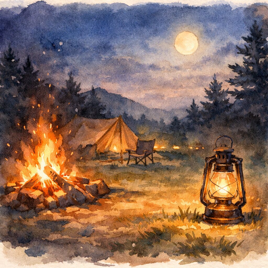 焚き火とランタンの距離