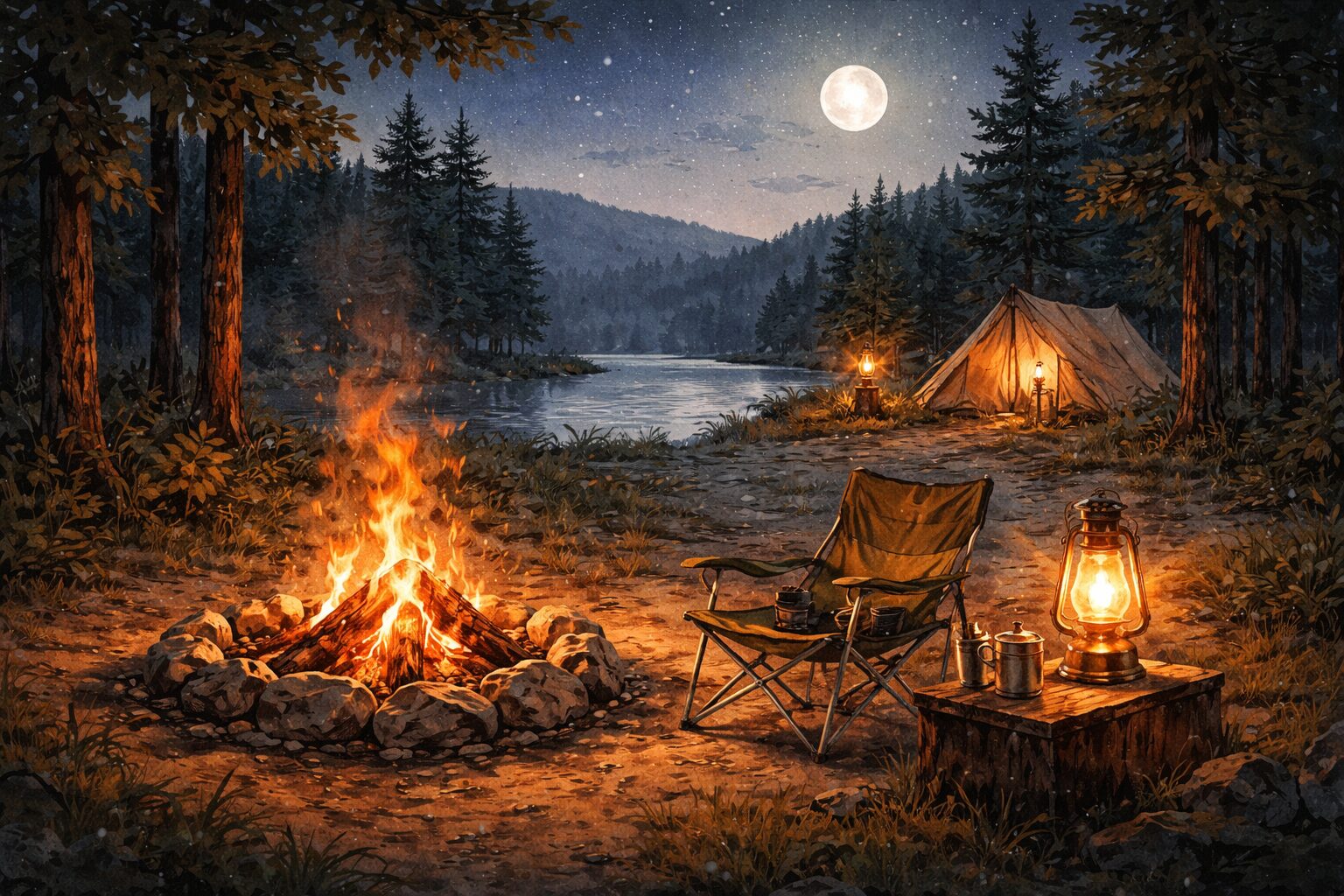 焚き火とランタンの配置