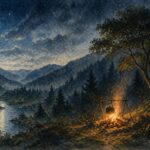 月明かりの山間キャンプ