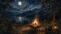湖畔の夜のキャンプシーン