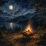 湖畔の夜のキャンプシーン