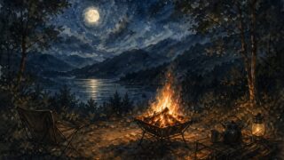 湖畔の夜のキャンプシーン