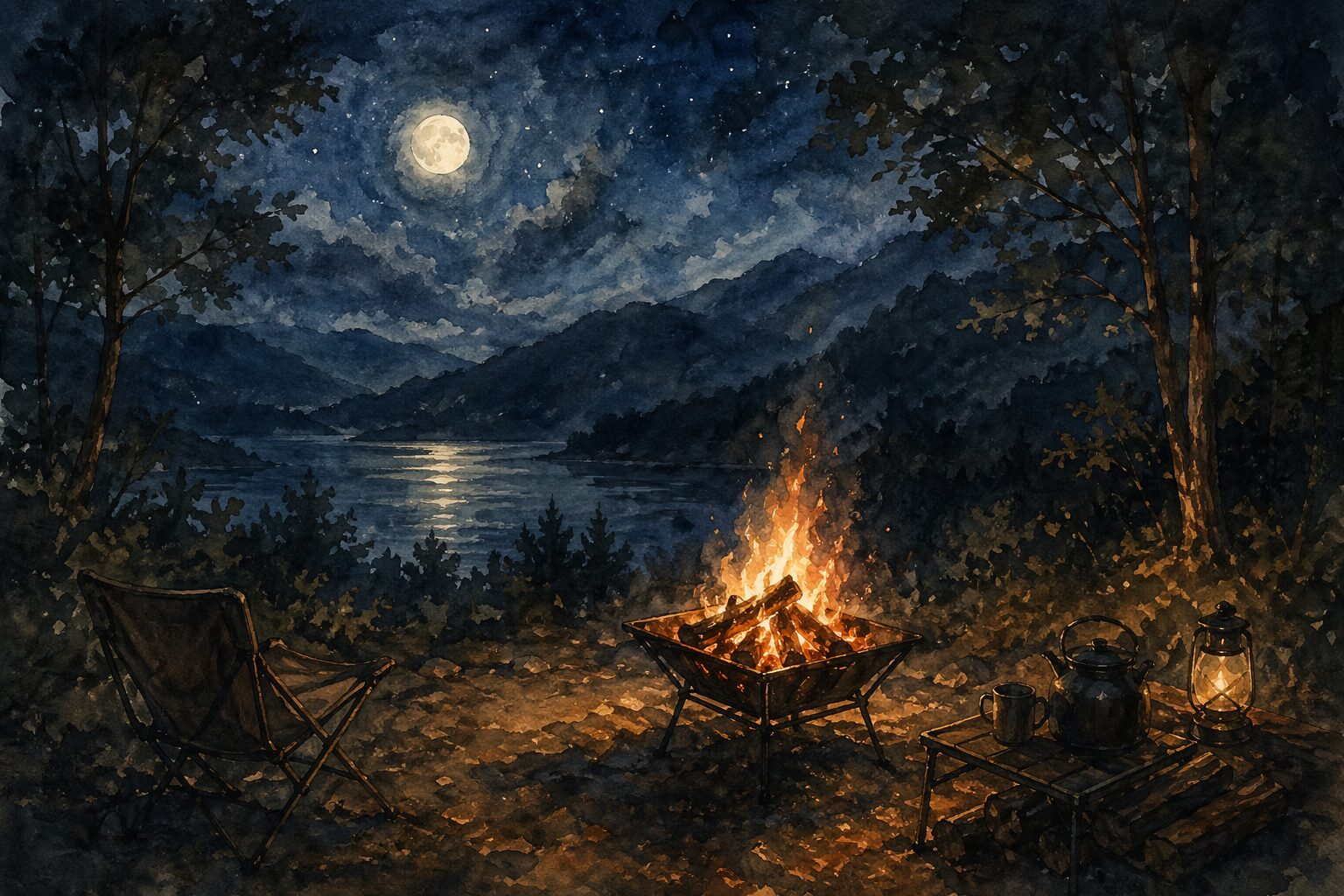 湖畔の夜のキャンプシーン
