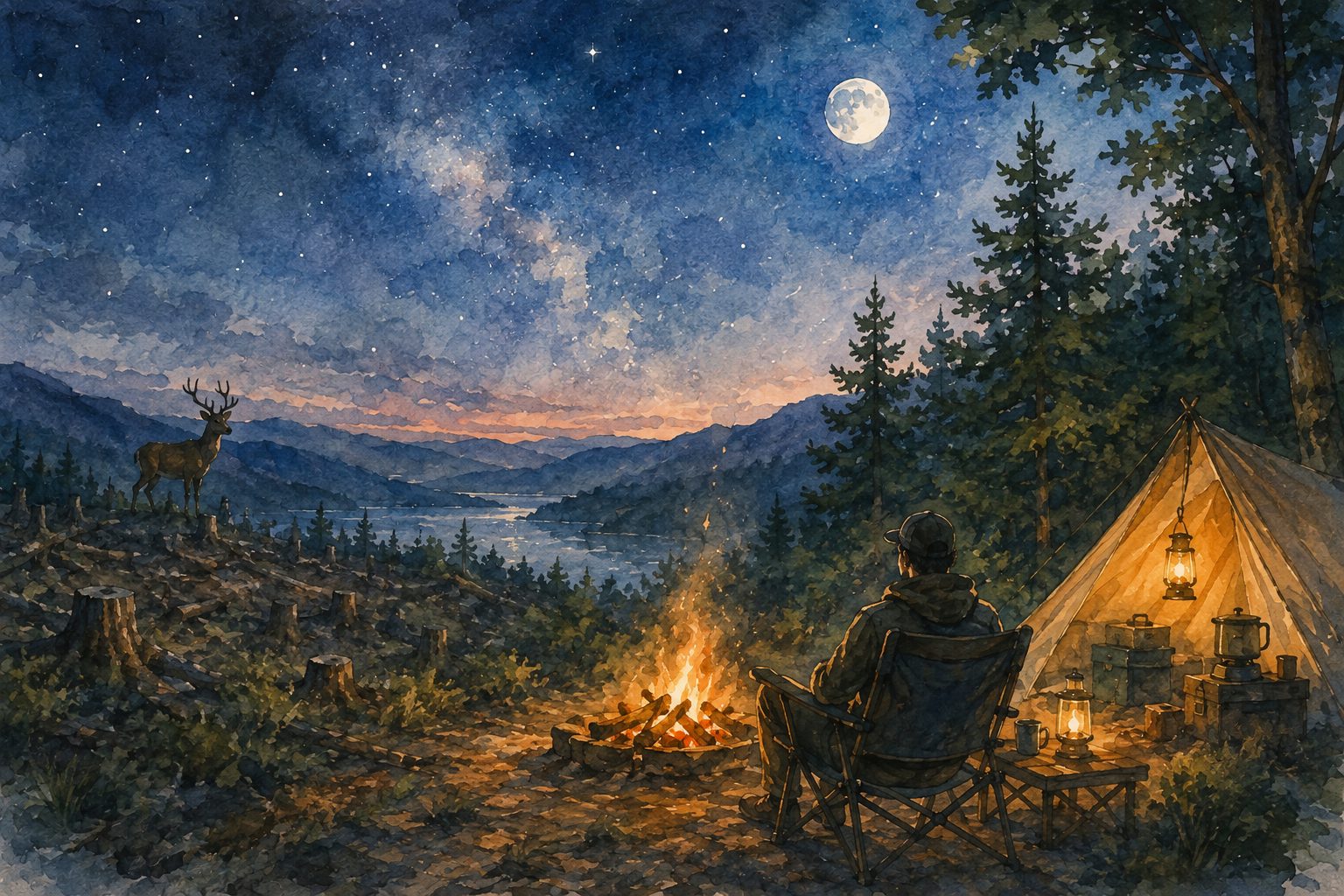 星空の湖畔キャンプ watercolor
